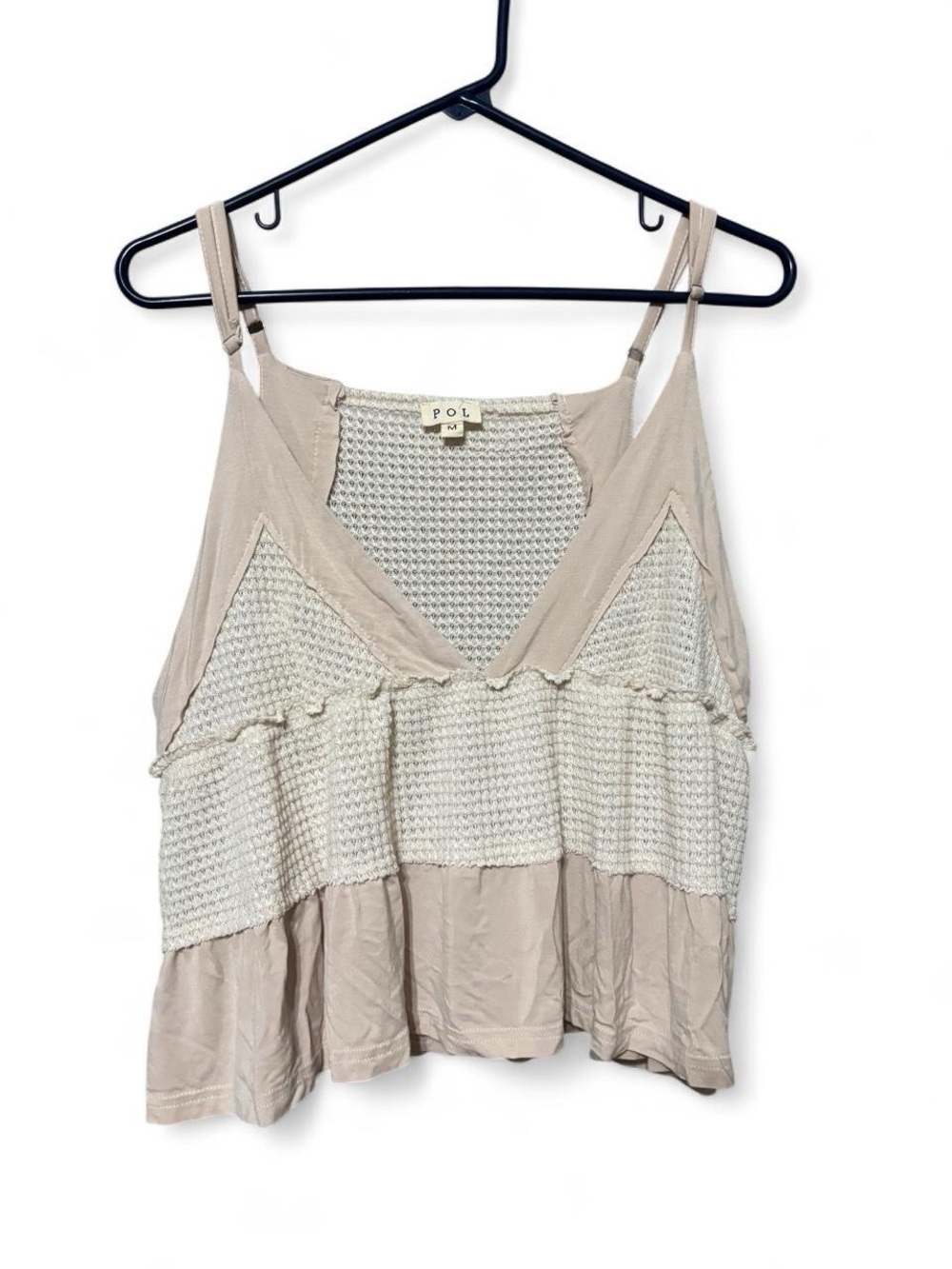 POL Beige Textured Knit & Woven Tiered Cami